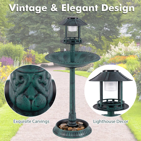 Outdoor Solar Lighted Bird Bath with Flower Planter Base-Bronze