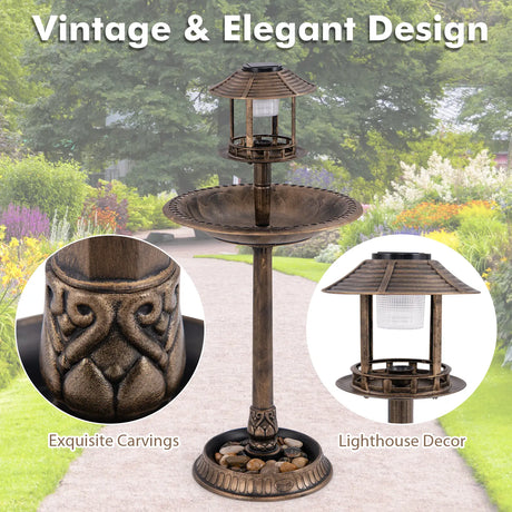 Outdoor Solar Lighted Bird Bath with Flower Planter Base-Antique