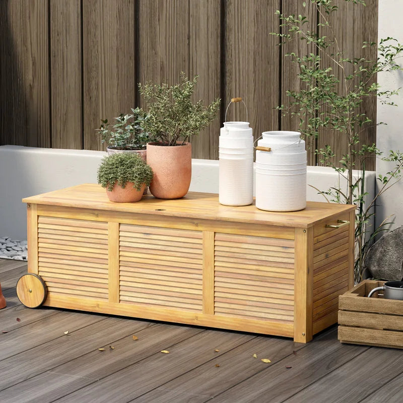 Rolling Patio Wooden Deck Box with 2 Wheelsand Side Handle for Outdoor