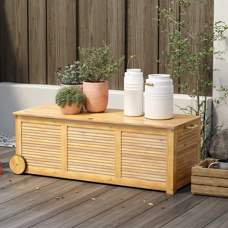 Rolling Patio Wooden Deck Box with 2 Wheelsand Side Handle for Outdoor