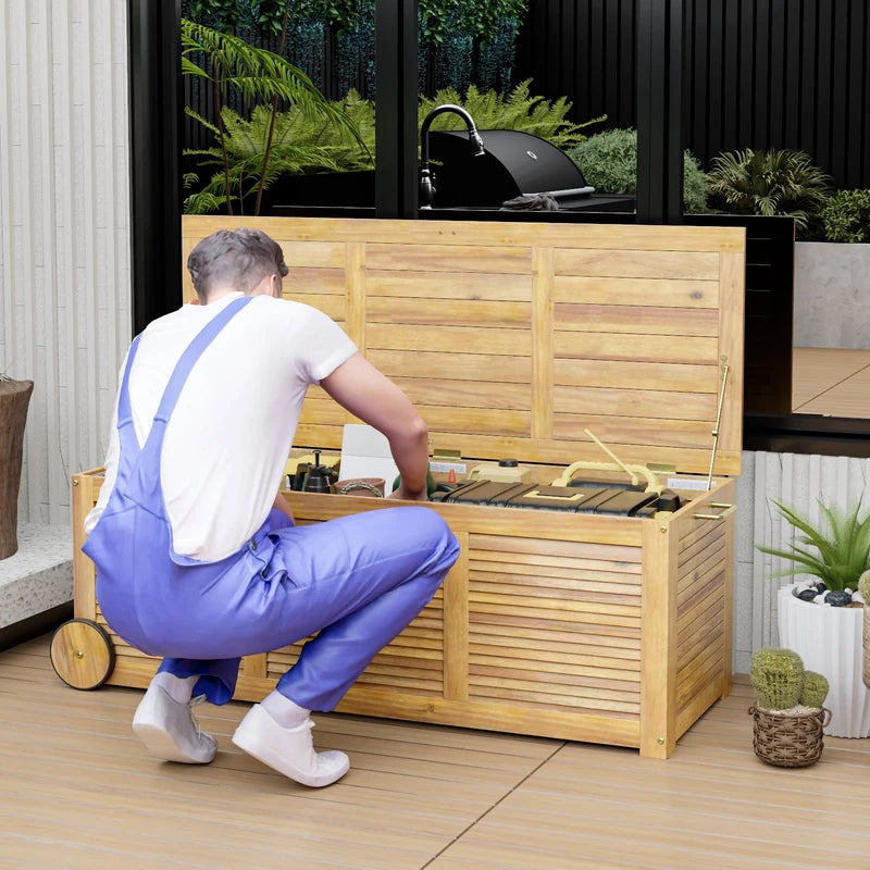 Rolling Patio Wooden Deck Box with 2 Wheelsand Side Handle for Outdoor