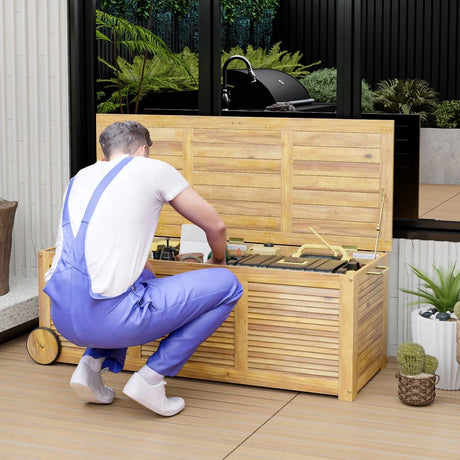 Rolling Patio Wooden Deck Box with 2 Wheelsand Side Handle for Outdoor