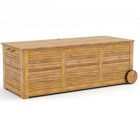 Rolling Patio Wooden Deck Box with 2 Wheelsand Side Handle for Outdoor