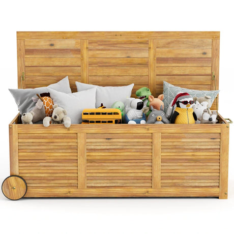 Rolling Patio Wooden Deck Box with 2 Wheelsand Side Handle for Outdoor