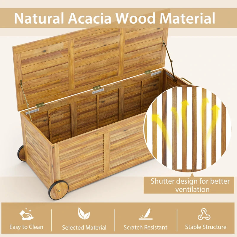 Rolling Patio Wooden Deck Box with 2 Wheelsand Side Handle for Outdoor