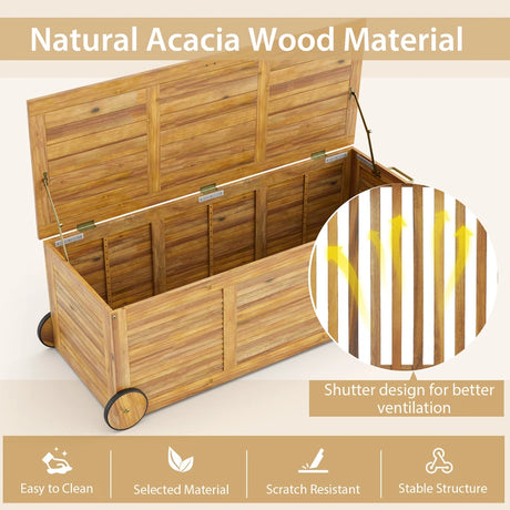 Rolling Patio Wooden Deck Box with 2 Wheelsand Side Handle for Outdoor