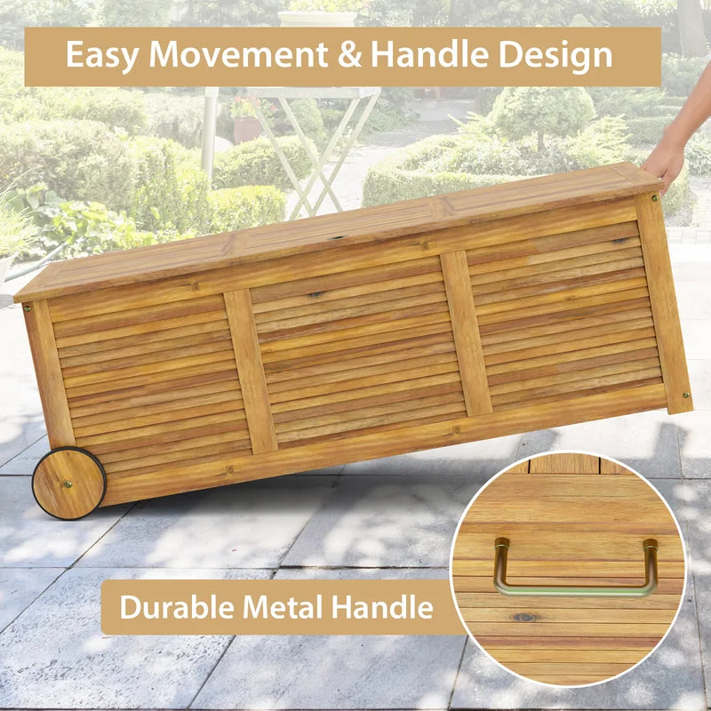 Rolling Patio Wooden Deck Box with 2 Wheelsand Side Handle for Outdoor