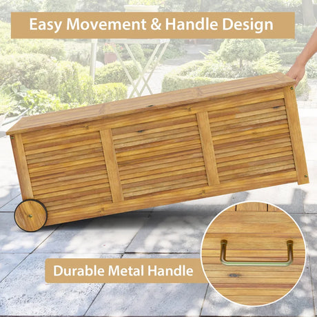 Rolling Patio Wooden Deck Box with 2 Wheelsand Side Handle for Outdoor