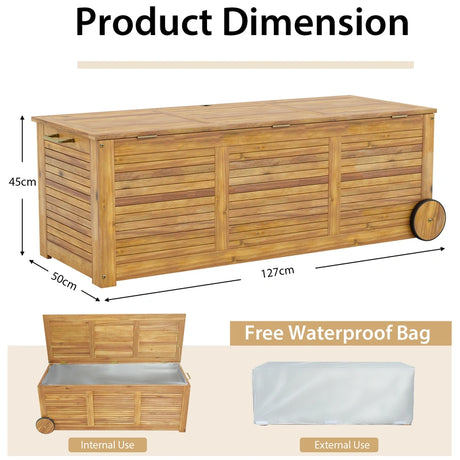 Rolling Patio Wooden Deck Box with 2 Wheelsand Side Handle for Outdoor
