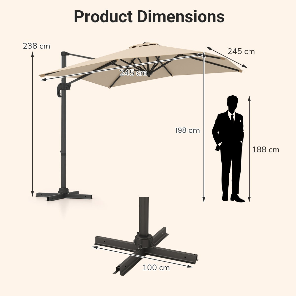 Patio Offset Umbrella with 360 Rotation and 5 Adjustable Tilt 8 Ribs-Beige