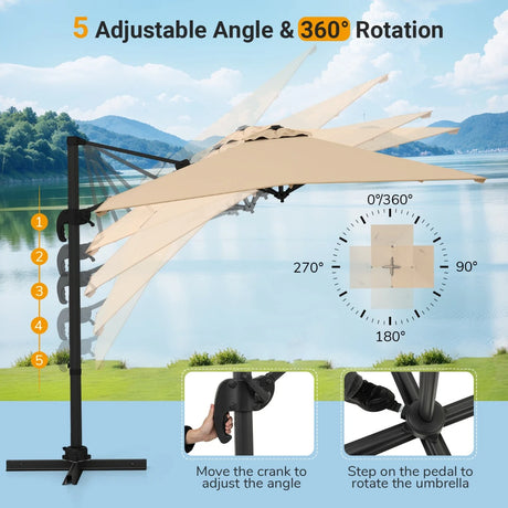 Patio Offset Umbrella with 360 Rotation and 5 Adjustable Tilt 8 Ribs-Beige