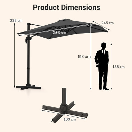 Patio Offset Umbrella with 360 Rotation and 5 Adjustable Tilt 8 Ribs-Grey