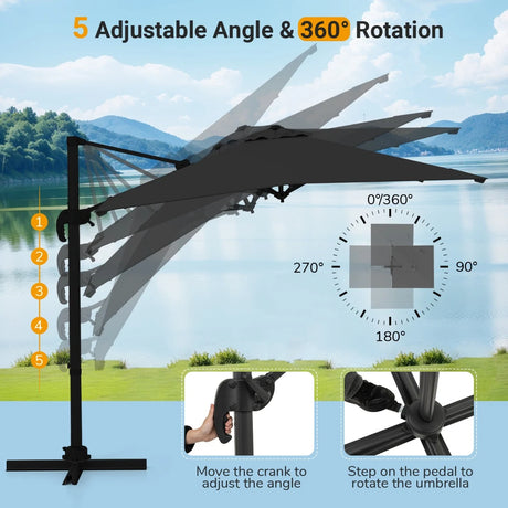 Patio Offset Umbrella with 360 Rotation and 5 Adjustable Tilt 8 Ribs-Black