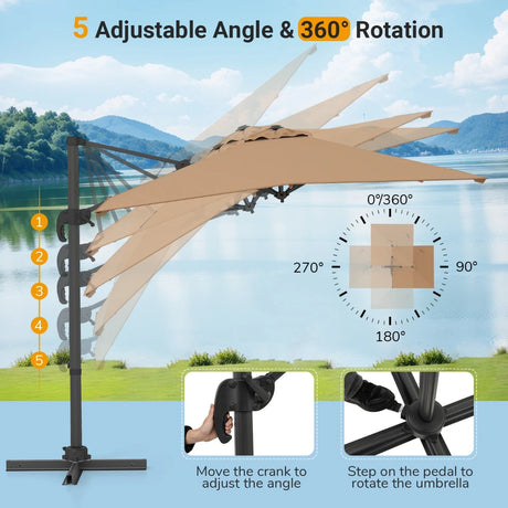 Patio Offset Umbrella with 360 Rotation and 5 Adjustable Tilt 8 Ribs-Brown