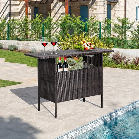 Outdoor Wicker Bar Table with 2 Metal Mesh Shelves