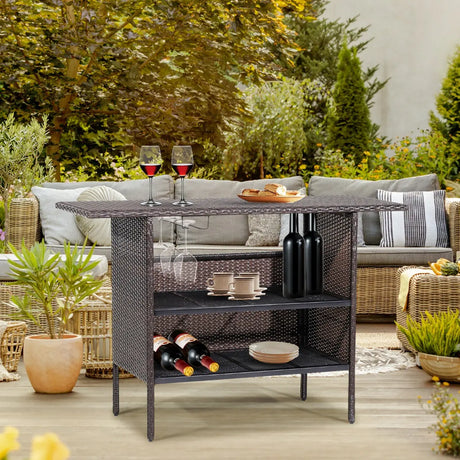 Outdoor Wicker Bar Table with 2 Metal Mesh Shelves