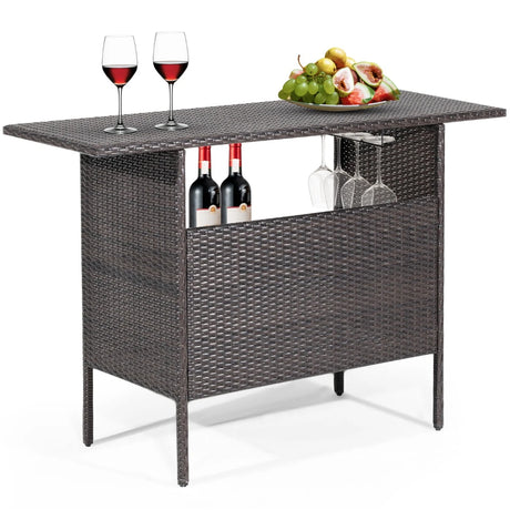 Outdoor Wicker Bar Table with 2 Metal Mesh Shelves