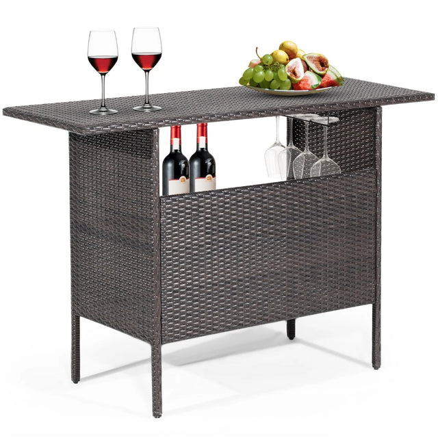 Outdoor Wicker Bar Table with 2 Metal Mesh Shelves