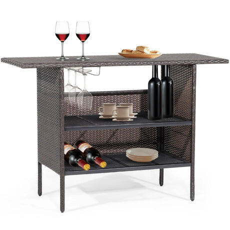 Outdoor Wicker Bar Table with 2 Metal Mesh Shelves