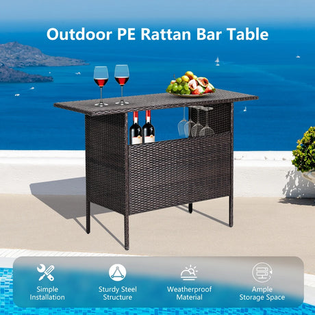Outdoor Wicker Bar Table with 2 Metal Mesh Shelves