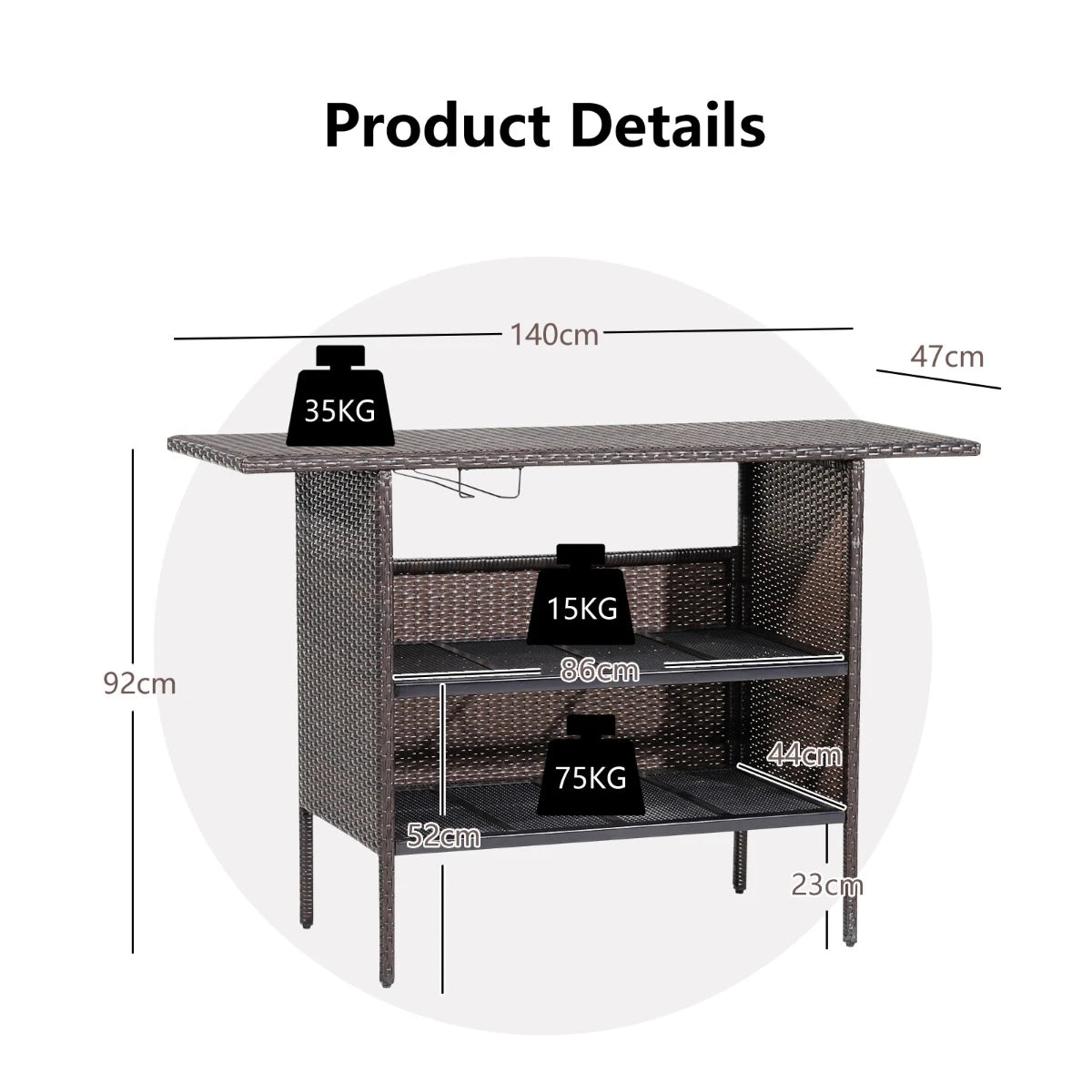 Outdoor Wicker Bar Table with 2 Metal Mesh Shelves