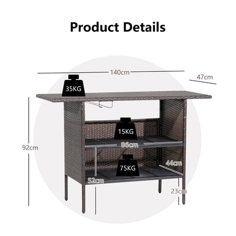 Outdoor Wicker Bar Table with 2 Metal Mesh Shelves