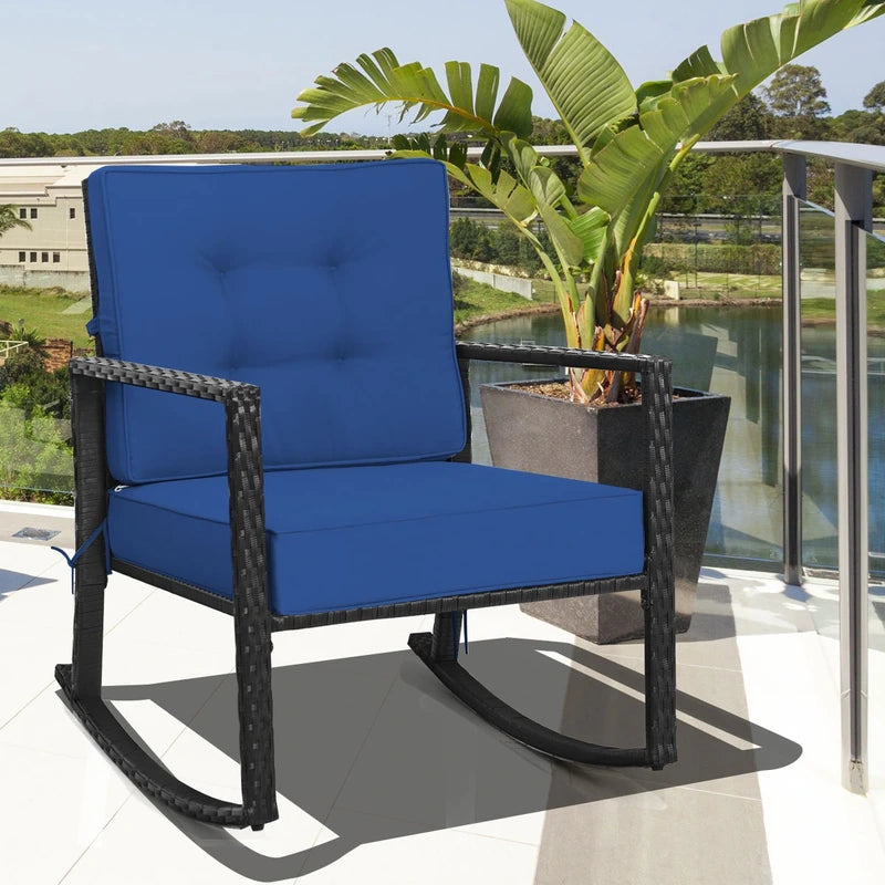Patio Rattan Rocker Outdoor Glider Rocking Chair Cushion Lawn-Navy
