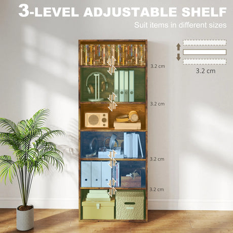 HOMCOM Six Shelf Bookcase - Rustic Brown