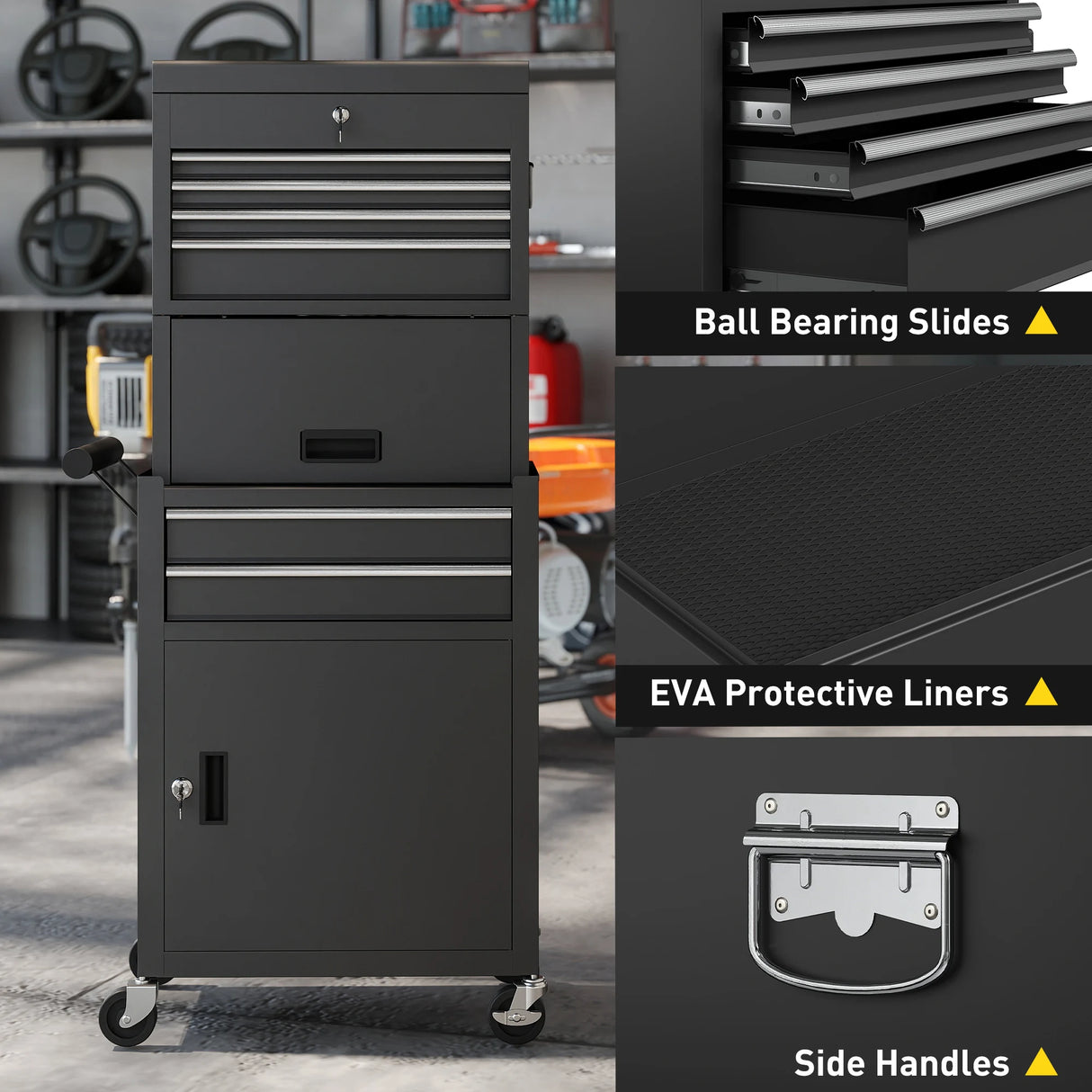 HOMCOM Three-Part Steel Locking Tool Chest - Black