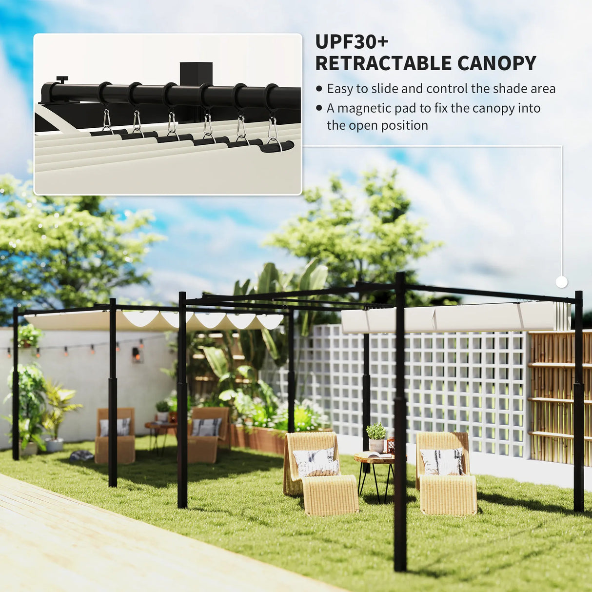 Outsunny 3 x 3(m) Metal Pergola with Retractable Roof and Magnetic Fixture, Outdoor Gazebo Garden Pergola Kit Sun Shade Canopy, UPF30+, 80mm Metal Column, Cream White