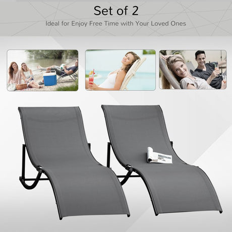 Outsunny Set of 2 S-shaped Foldable Lounge Chair Sun Lounger Reclining Outdoor Chair for Patio Beach Garden, Grey