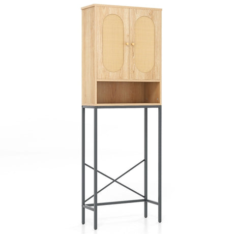 Over The Toilet Storage Cabinet with Rattan Doors and Shelves-Natural