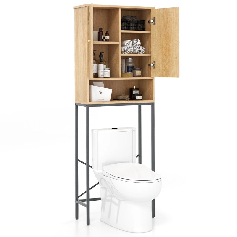 Over The Toilet Storage Cabinet with Rattan Doors and Shelves-Natural
