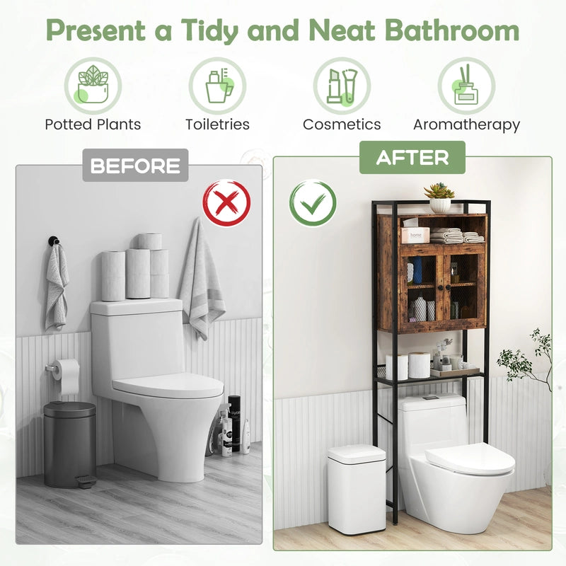 Over-The-Toilet Storage Cabinet with Heavy-Duty Metal Frame 2-door Freestanding-Rustic Brown