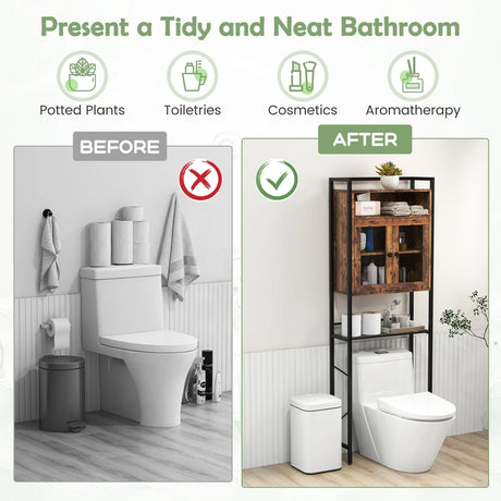 Over-The-Toilet Storage Cabinet with Heavy-Duty Metal Frame 2-door Freestanding-Rustic Brown