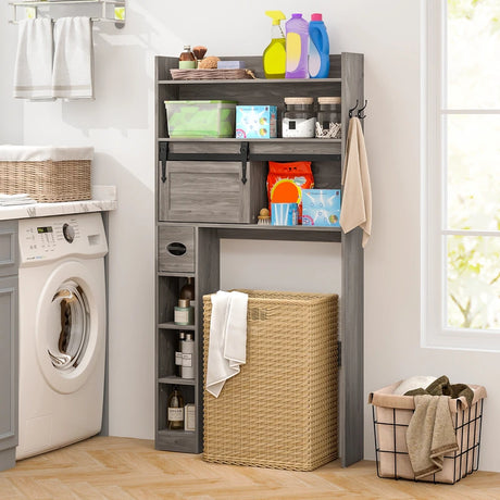 Over The Toilet Storage Cabinet with Sliding Barn Door and Adjustable Shelves-Gray