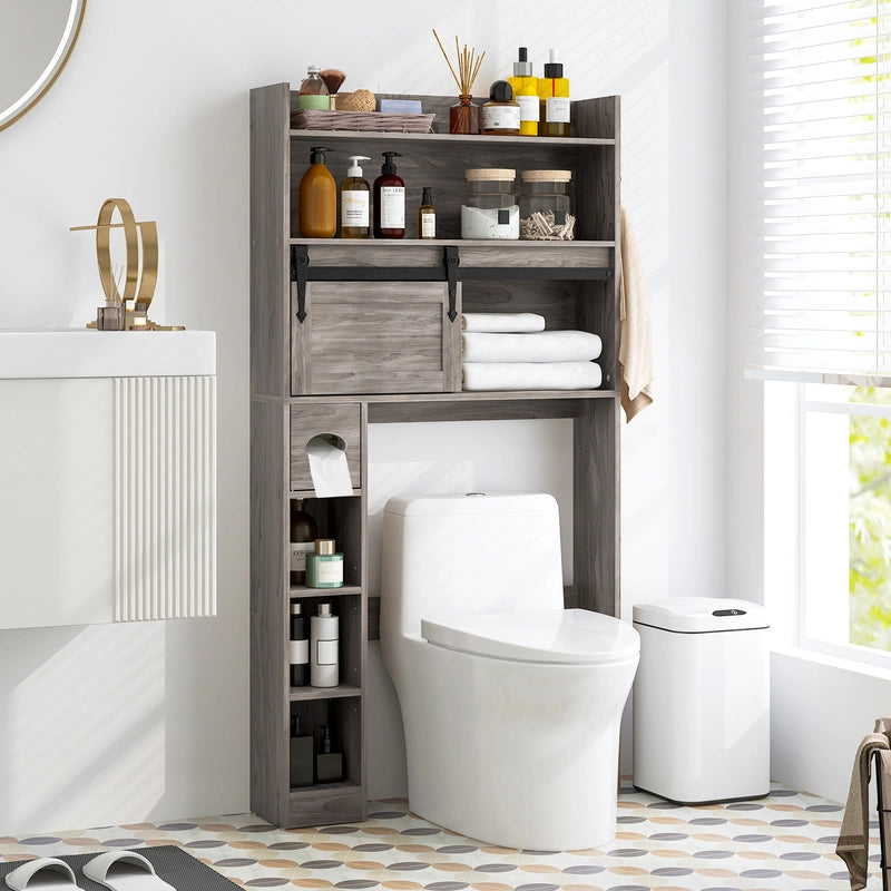 Over The Toilet Storage Cabinet with Sliding Barn Door and Adjustable Shelves-Gray