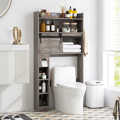 Over The Toilet Storage Cabinet with Sliding Barn Door and Adjustable Shelves-Gray