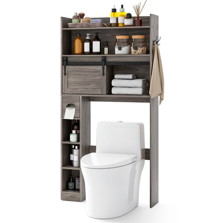 Over The Toilet Storage Cabinet with Sliding Barn Door and Adjustable Shelves-Gray