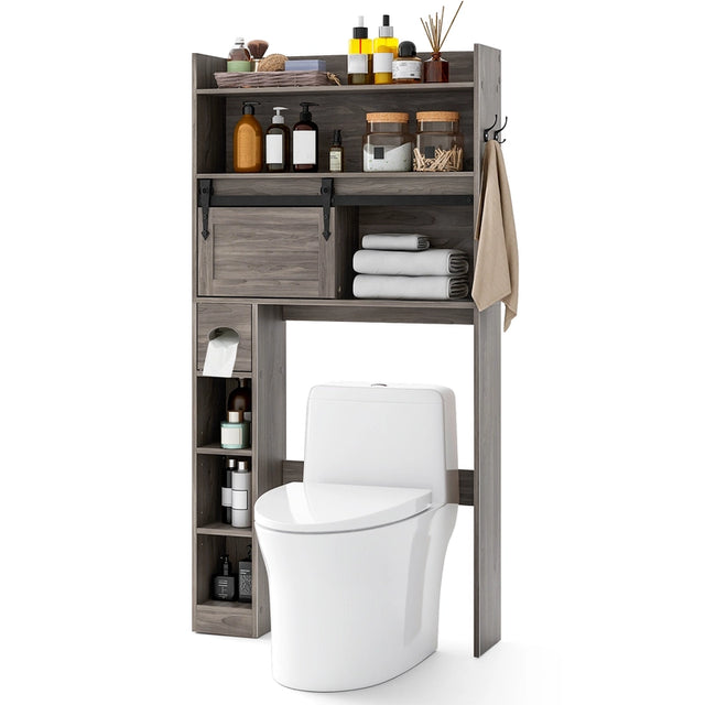 Over The Toilet Storage Cabinet with Sliding Barn Door and Adjustable Shelves-Gray