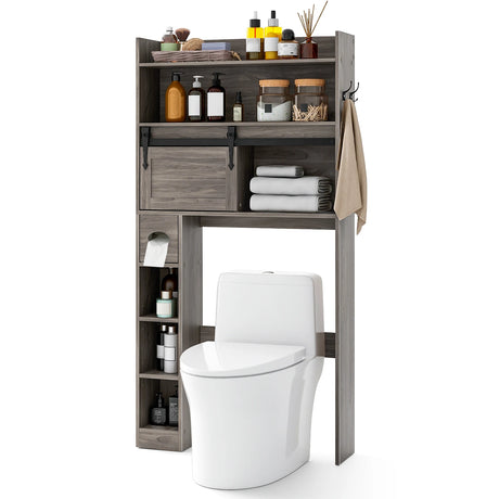 Over The Toilet Storage Cabinet with Sliding Barn Door and Adjustable Shelves-Gray