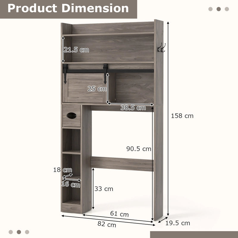 Over The Toilet Storage Cabinet with Sliding Barn Door and Adjustable Shelves-Gray