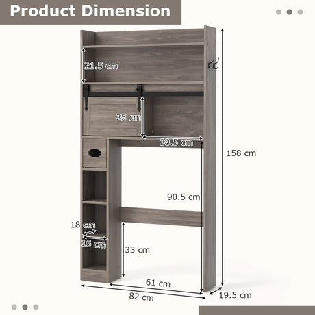 Over The Toilet Storage Cabinet with Sliding Barn Door and Adjustable Shelves-Gray