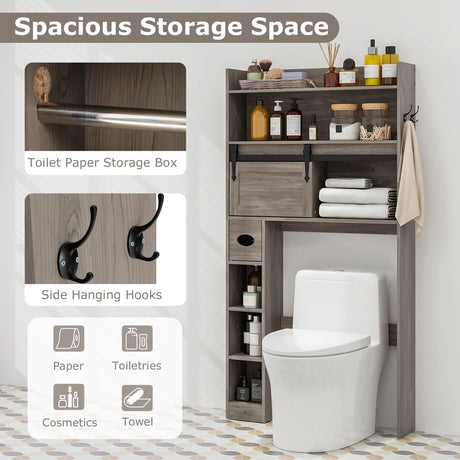 Over The Toilet Storage Cabinet with Sliding Barn Door and Adjustable Shelves-Gray