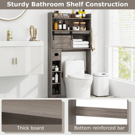 Over The Toilet Storage Cabinet with Sliding Barn Door and Adjustable Shelves-Gray