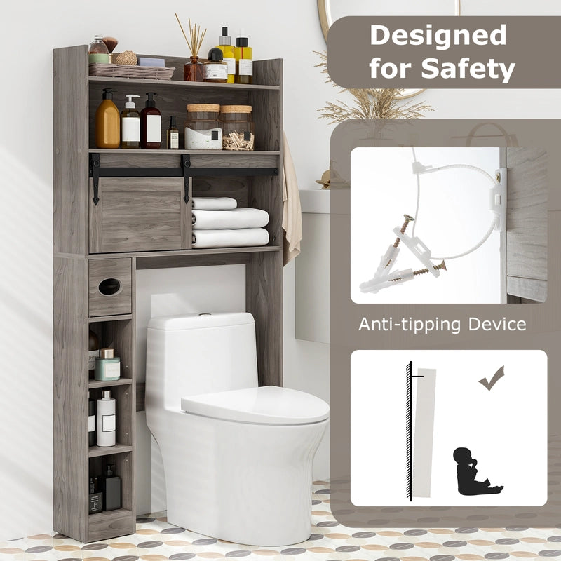 Over The Toilet Storage Cabinet with Sliding Barn Door and Adjustable Shelves-Gray