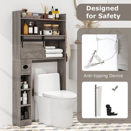 Over The Toilet Storage Cabinet with Sliding Barn Door and Adjustable Shelves-Gray