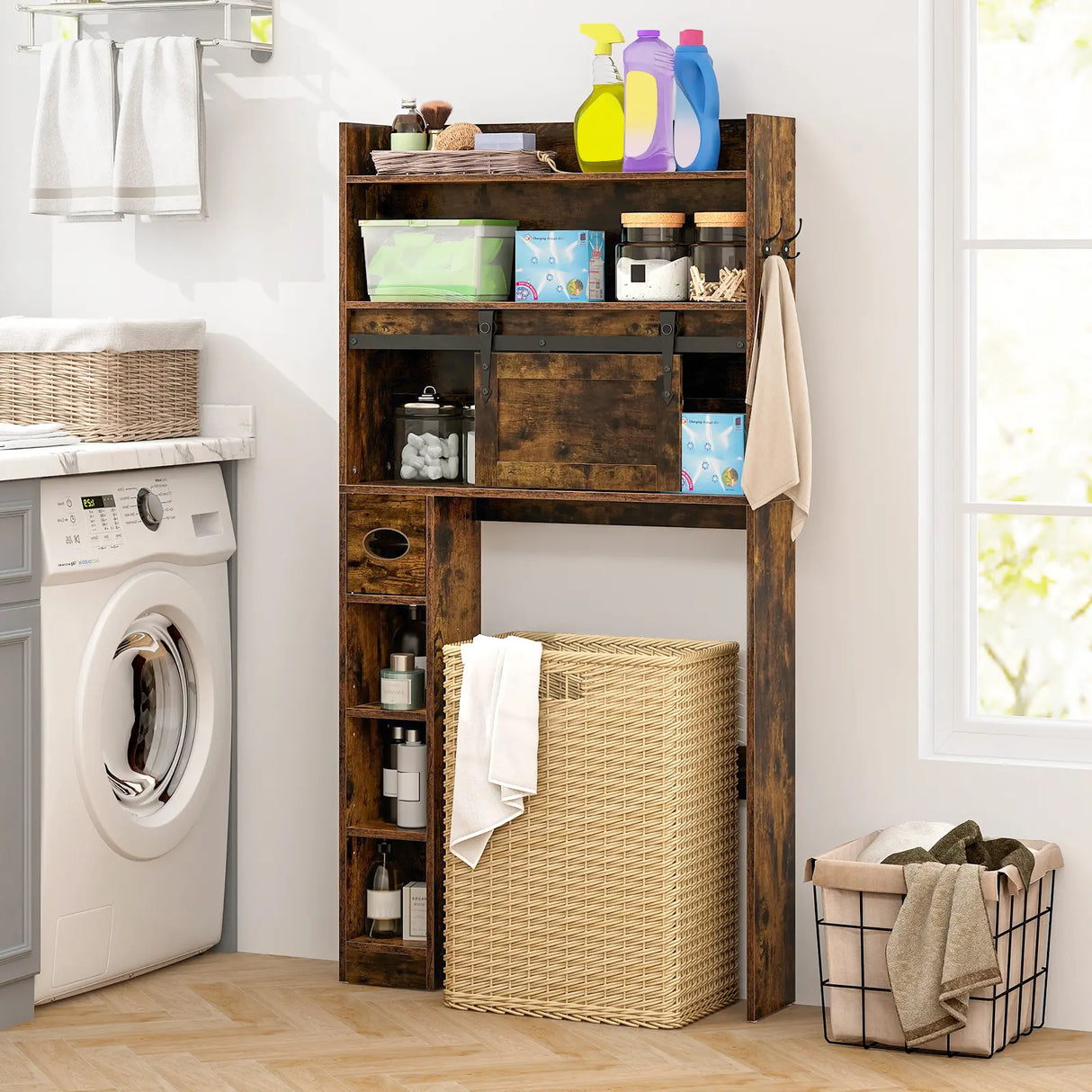 Over The Toilet Storage Cabinet with Sliding Barn Door and Adjustable Shelves-Rustic Brown