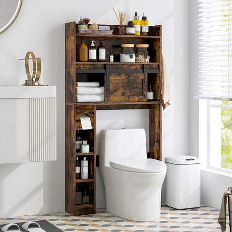 Over The Toilet Storage Cabinet with Sliding Barn Door and Adjustable Shelves-Rustic Brown