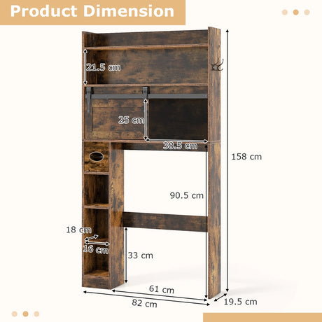 Over The Toilet Storage Cabinet with Sliding Barn Door and Adjustable Shelves-Rustic Brown